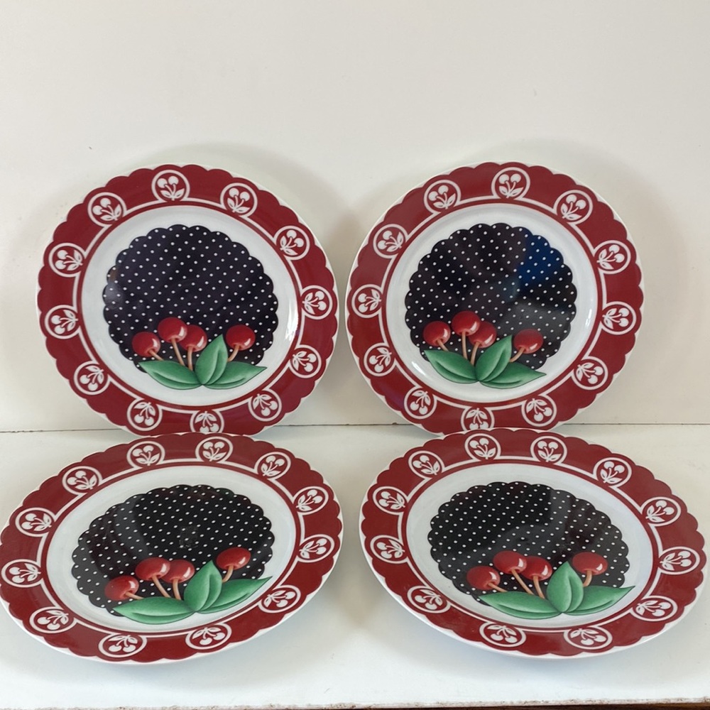 Four Mary Engelbreit Polka Dot And Cherry 8” Plates - Picture 4 of 11